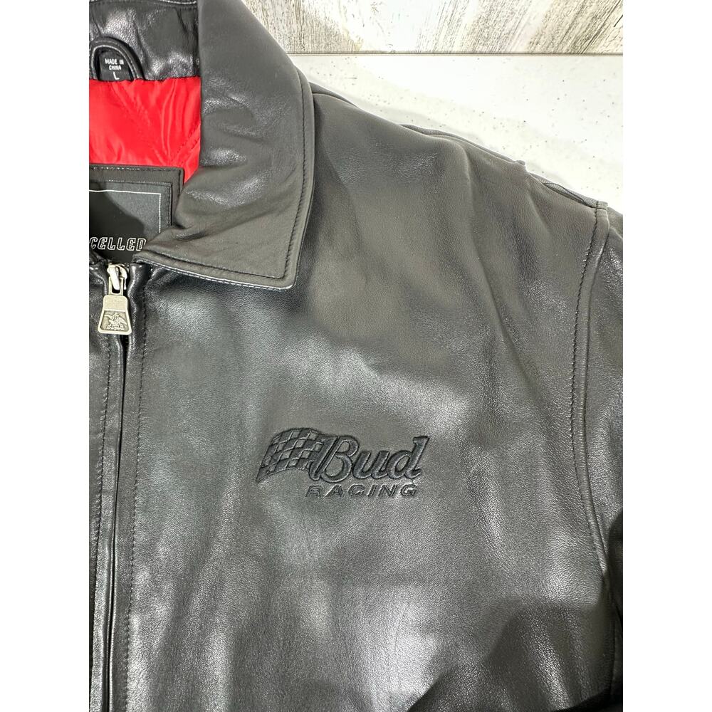Bud Racing Excelled Mens Black Leather Jacket Size XL (Large) Zip Quilted Lining